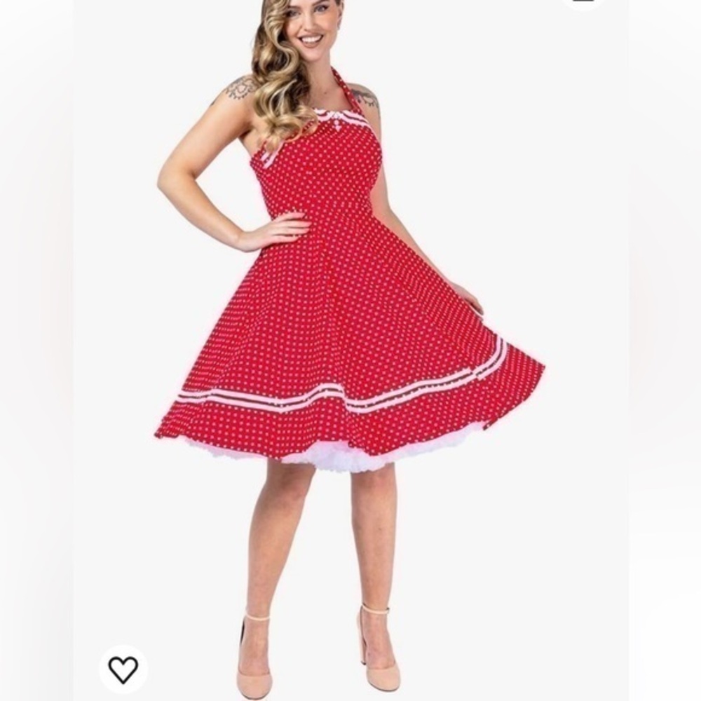 New Vintage Maggie Tang Pinup Swing Rockabilly Polka Dot Dress Lace Red White M